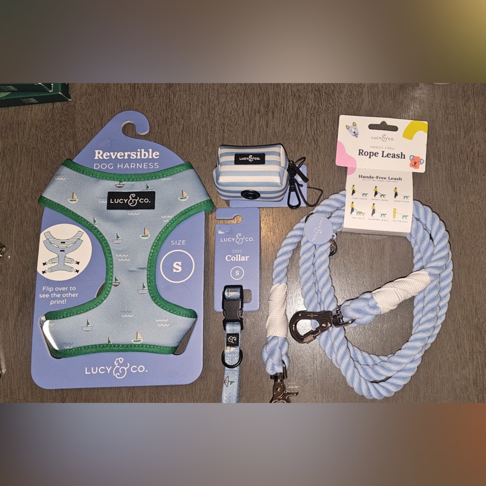 Lucy & Co Blue Sail Dog Harness, Collar, Rope Leash, Poop Bag Holder (S)
